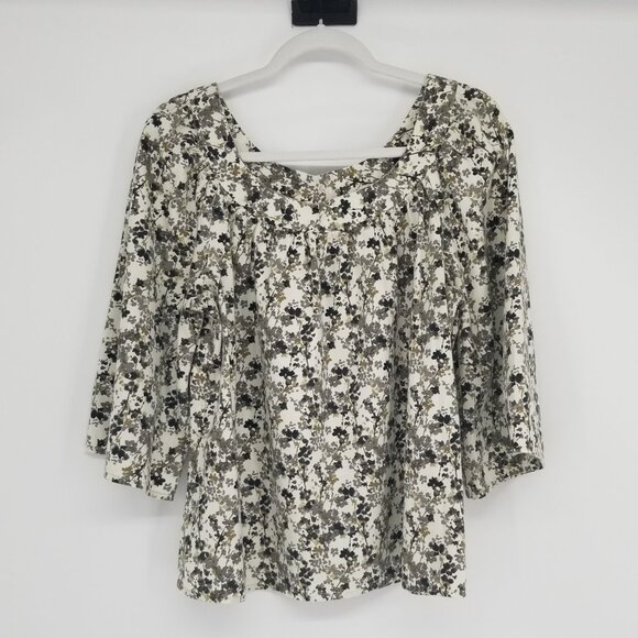 Handmade Tops - Neutral Floral Print Top with Billowy Bracelet Length Sleeves, Soft Cotton, L